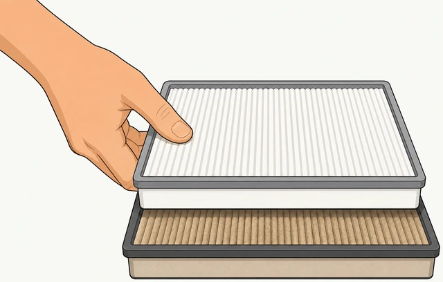 Illustration: new air filter compared side by side against old filter checking size and part number