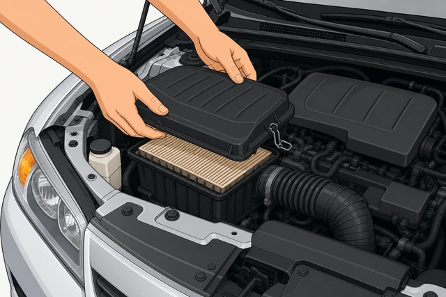 Illustration: old air filter reinstalled temporarily in box with lid closed for a short drive to exchange it