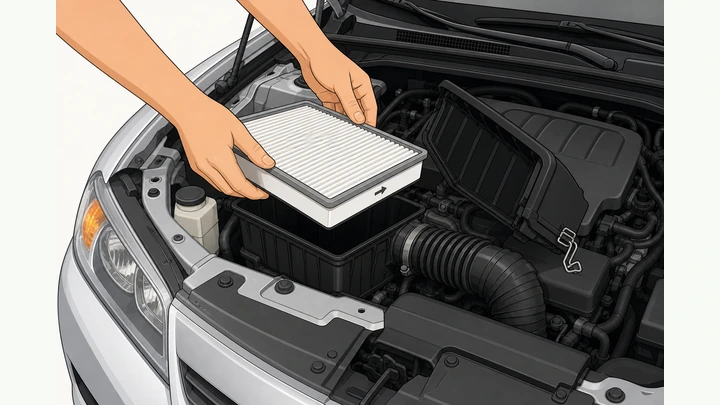 Illustration: hands setting a new engine air filter into an open air box under the hood