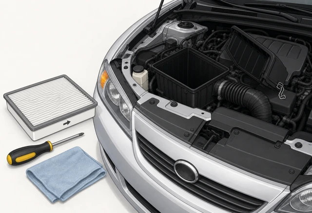 Illustration: new engine air filter, screwdriver, and rag laid out next to a car with the hood open