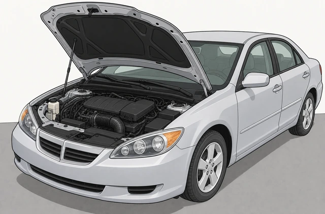 Illustration: car parked on level ground with hood open and propped securely