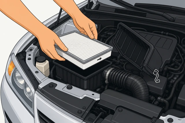 Illustration: new air filter lowered into box with arrow direction matching and gasket seated evenly