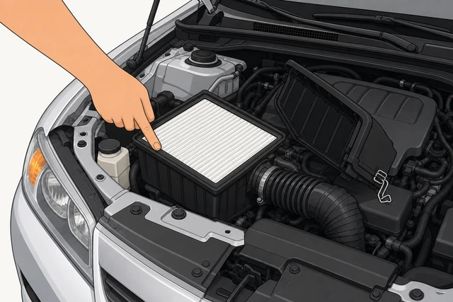 Illustration: hand pressing down gently on new air filter checking it sits flat with no gap