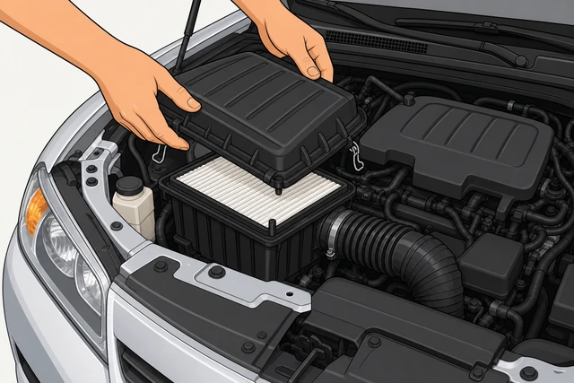 Illustration: hand lowering air box lid aligned with locating pegs before clipping down