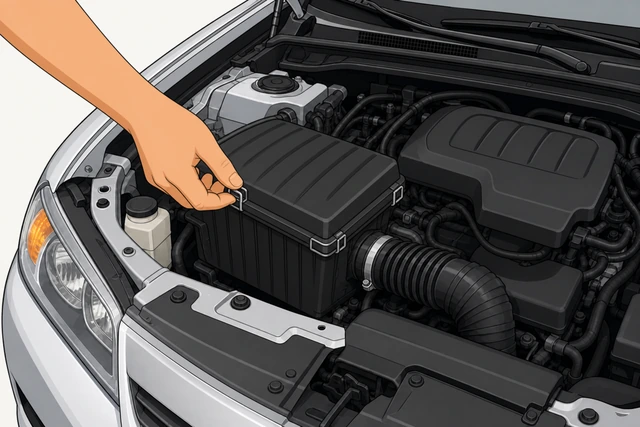 Illustration: hand snapping down each spring clip one at a time around the closed air box lid