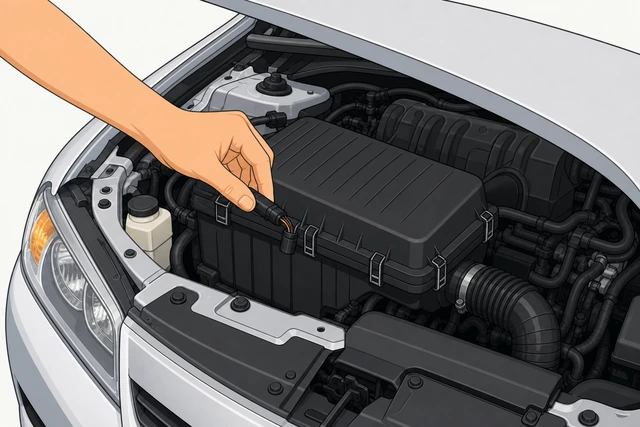 Illustration: hand reconnecting sensor wiring with hood closing over the engine bay after the job