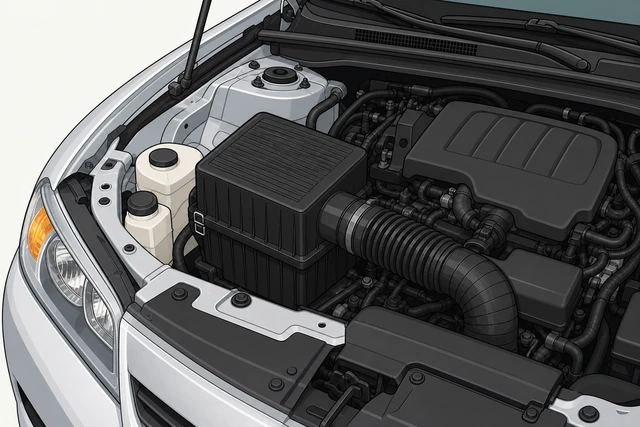 Illustration: open engine bay with black air intake box and wide intake tube pointed out