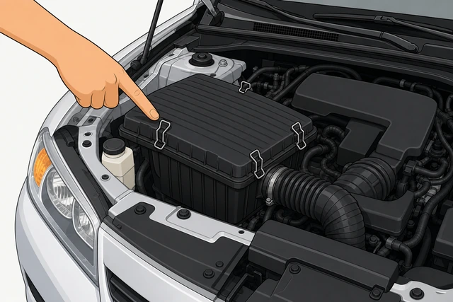 Illustration: hand pointing out spring clips around the edge of an air box lid