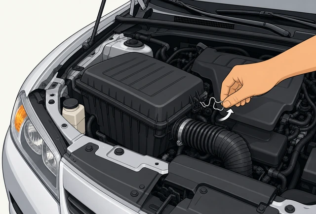 Illustration: hand releasing spring clips one by one around an air box lid before lifting it