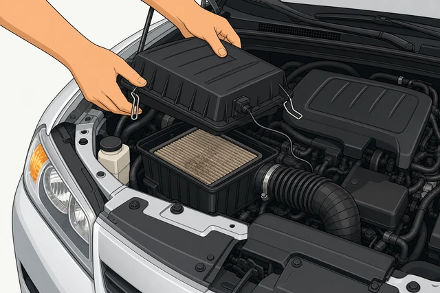 Illustration: hand lifting air box lid gently while a sensor wire stays attached and unstressed