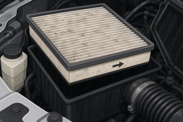 Illustration: close-up of old air filter in the box showing a printed airflow arrow before removal