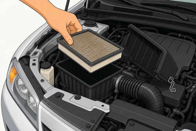 Illustration: hand lifting old air filter straight up out of the open air box