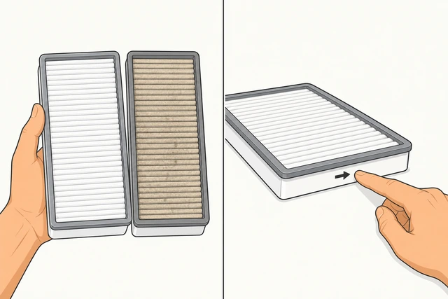 Illustration: new air filter held side by side with old filter comparing size and printed arrow
