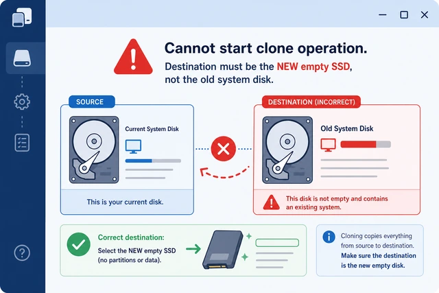 Illustration: cloning tool disk list with source and destination capacities being compared carefully