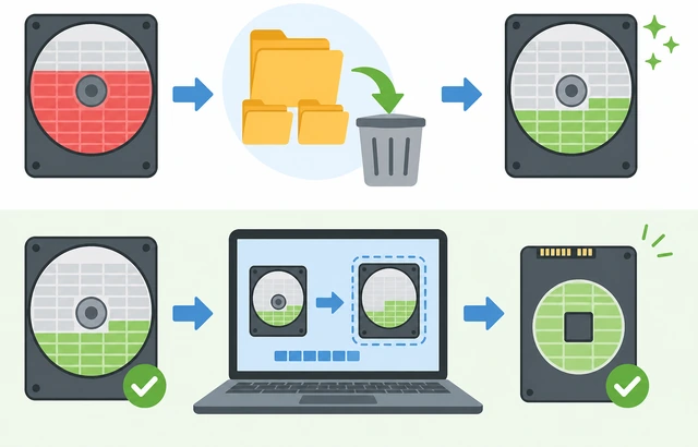 Illustration: freed-up disk space beside a retried cloning progress bar reaching completion