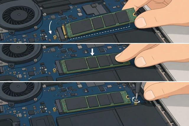Illustration: M.2 SSD inserted at an angle into a laptop slot, then pressed flat and screwed down