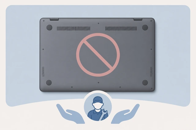 Illustration: sealed laptop bottom panel with no drive door, beside a USB external SSD workaround option