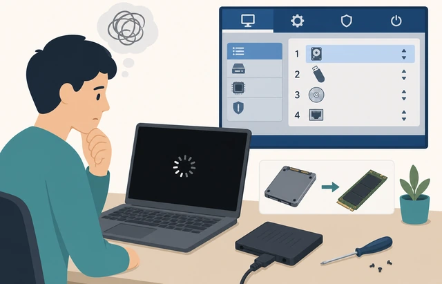 Illustration: BIOS boot order screen beside a USB Windows repair drive running Startup Repair