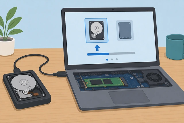 Illustration: BitLocker recovery key entry screen beside old drive connected externally for a backup check