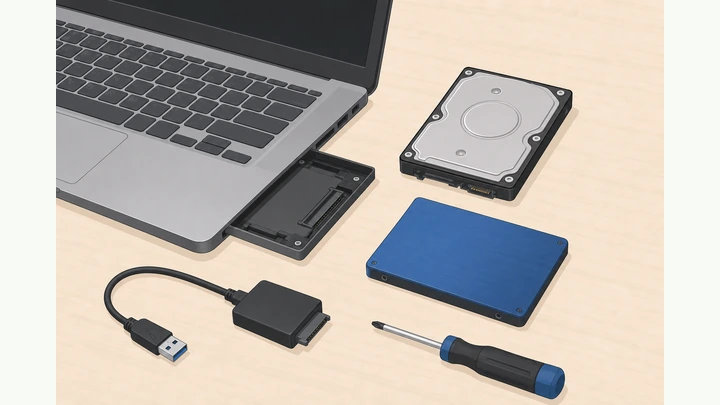Illustration: laptop open over a drive bay with an old hard drive beside a new SSD and USB adapter