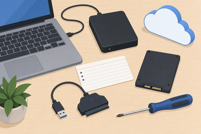 Illustration: backup drive, written BitLocker key, new SSD, USB adapter, and screwdriver laid out before starting