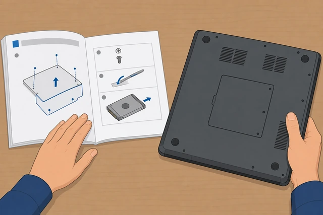 Illustration: laptop service manual open beside a laptop's bottom panel showing a drive bay door