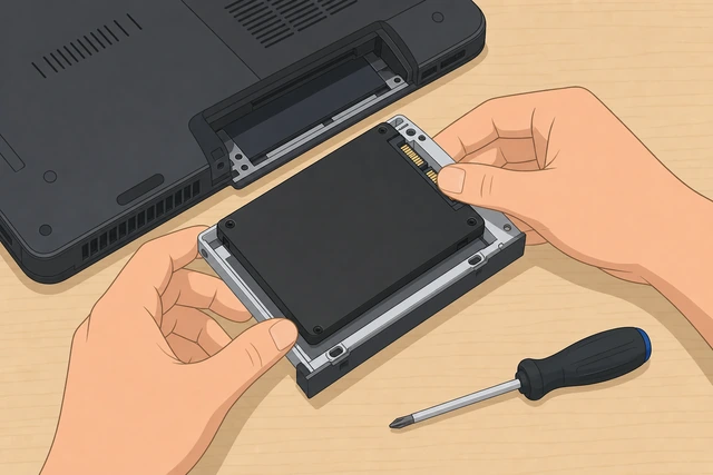 Illustration: new SSD mounted in the old drive's caddy, seated in the laptop bay before the panel closes