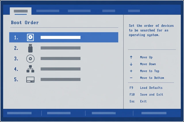 Illustration: laptop BIOS boot order screen with the new SSD being moved to the top of the list
