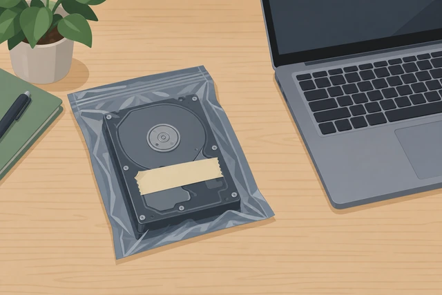 Illustration: old hard drive stored in an anti-static bag in a drawer while the laptop runs on the new SSD