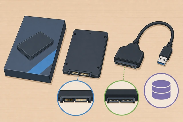 Illustration: new SSD box beside a USB-to-SATA adapter, checking interface and capacity labels