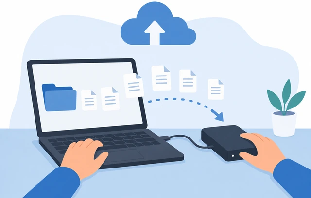 Illustration: laptop files copying to an external drive and a cloud icon, backup in progress