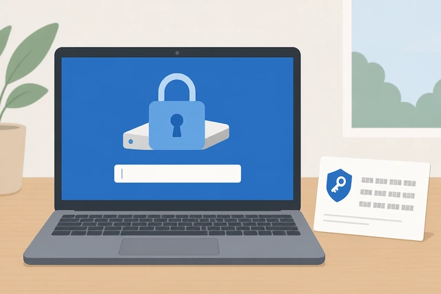 Illustration: BitLocker settings screen beside a handwritten recovery key card kept separate from the laptop