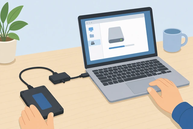 Illustration: new SSD connected via USB adapter, Disk Management window showing the new drive detected