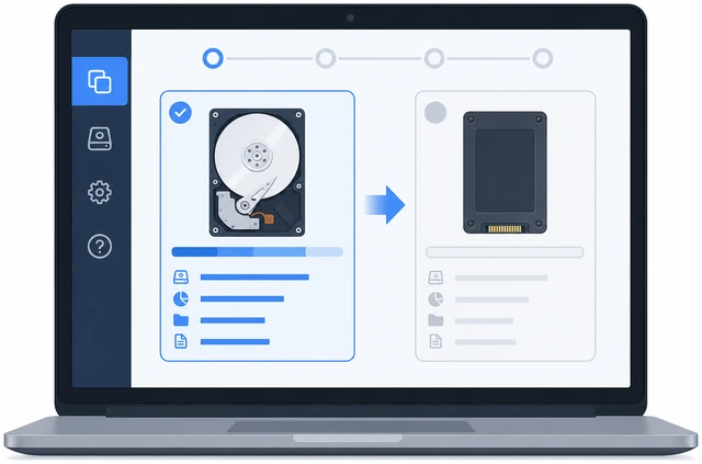 Illustration: cloning software screen with old drive labeled source and new SSD labeled destination