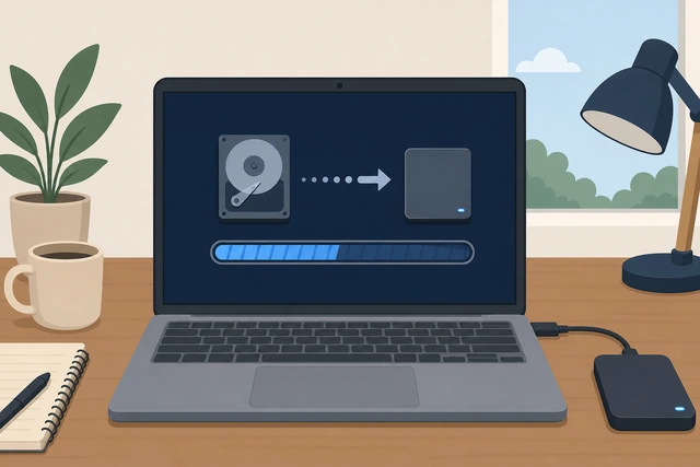 Illustration: cloning progress bar on laptop screen showing all partitions copying while plugged into AC power
