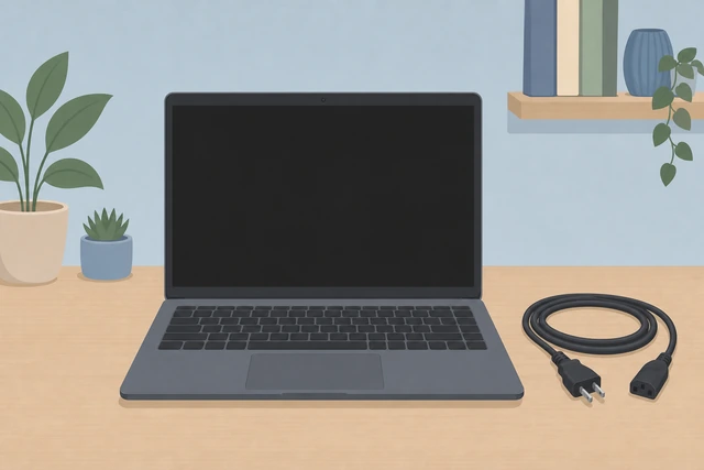 Illustration: laptop powered off, AC adapter unplugged, and a removable battery set aside