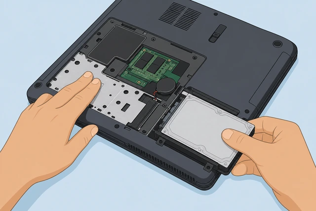 Illustration: hands grounding on laptop chassis before lifting an access panel to reveal the old drive