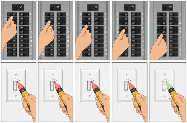 Illustration: turning off adjacent breakers at panel one at a time while retesting switch
