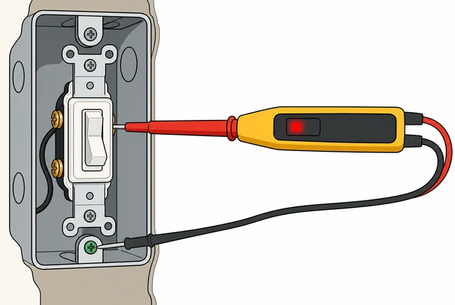 Illustration: two-lead voltage tester probing switch screw to ground screw with panel map nearby