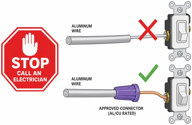 Illustration: AL-CU wire connector and CO/ALR switch beside cloth-wrapped legacy wiring