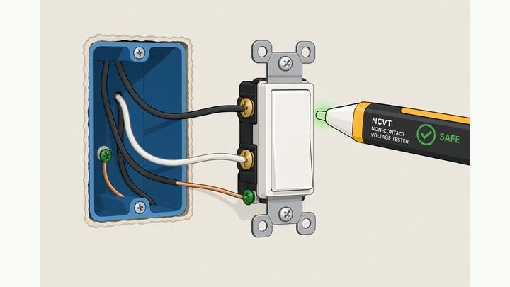 Illustration: non-contact voltage tester near a single-pole light switch with screwdriver and replacement switch on a towel