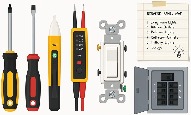 Illustration: voltage tester, screwdrivers, replacement single-pole switch, and screw cup laid out near a light switch