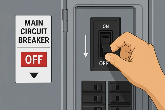 Illustration: hand turning a circuit breaker handle to OFF at an electrical panel