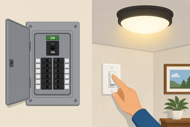 Illustration: flipping replaced light switch with ceiling light turning on correctly
