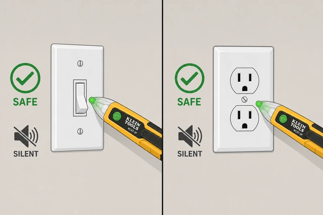 Illustration: non-contact voltage tester held near light switch screws showing no voltage indication