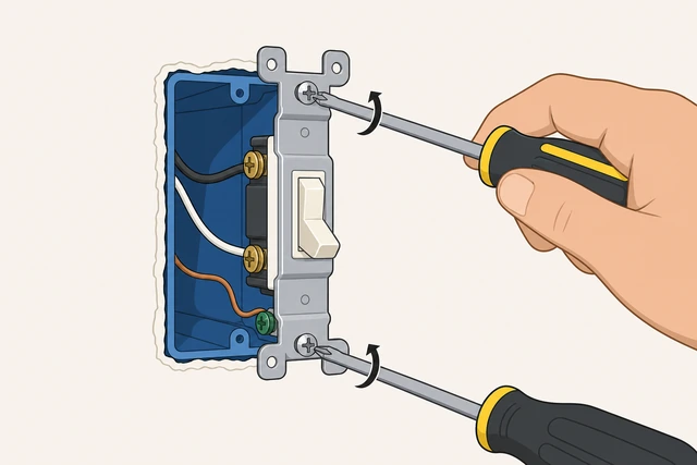 Illustration: removing top and bottom mounting screws from a light switch yoke