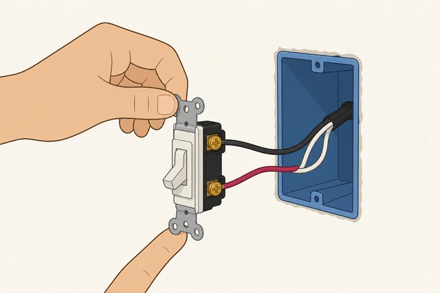Illustration: pulling a light switch straight out of the box without touching brass terminals