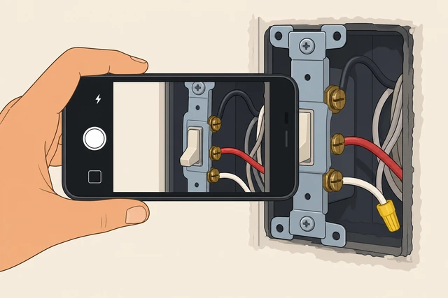 Illustration: phone camera photographing wire layout on an exposed light switch