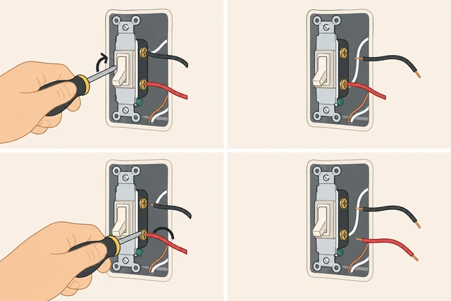 Illustration: loosening one switch screw and bending a single wire end away from the box
