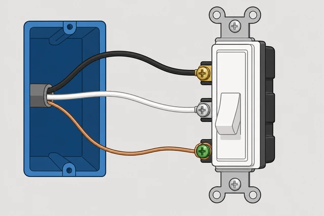 Illustration: connecting black wire under brass screw and white under silver on new switch